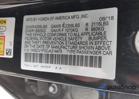 2018 Honda Accord Ex-L из США, поврежденный, VIN 1HGCV1F52JA214475